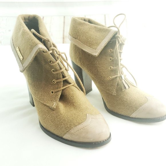 Vkingas Womens Tan Round Toe High Block Heel Lace Up Ankle Booties Size 8 - Picture 1 of 13